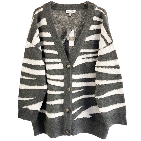 Michael Stars Cardigan Nell Charcoal Combo Brush Stroke Stripe Size 2X - Picture 2 of 11